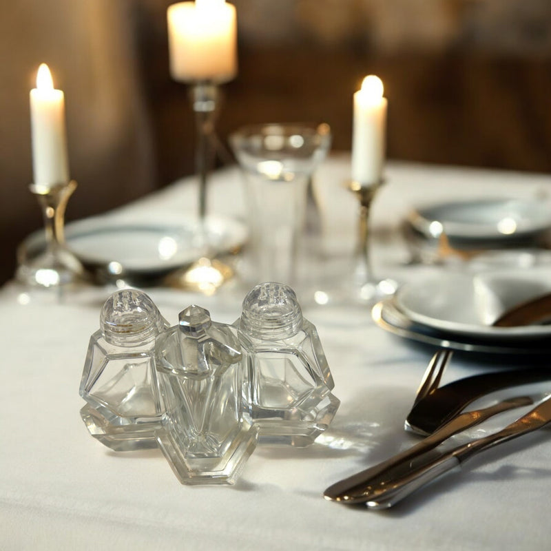 ART DECO CRYSTAL TABLE SET | PEPPER, SALT + MUSTARD