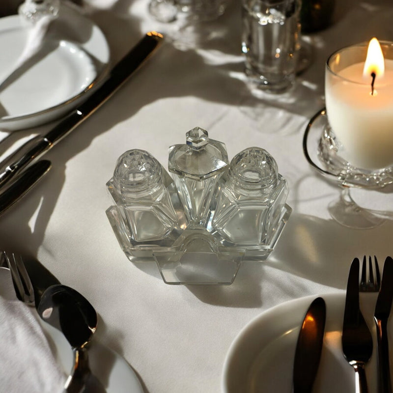 ART DECO CRYSTAL TABLE SET | PEPPER, SALT + MUSTARD