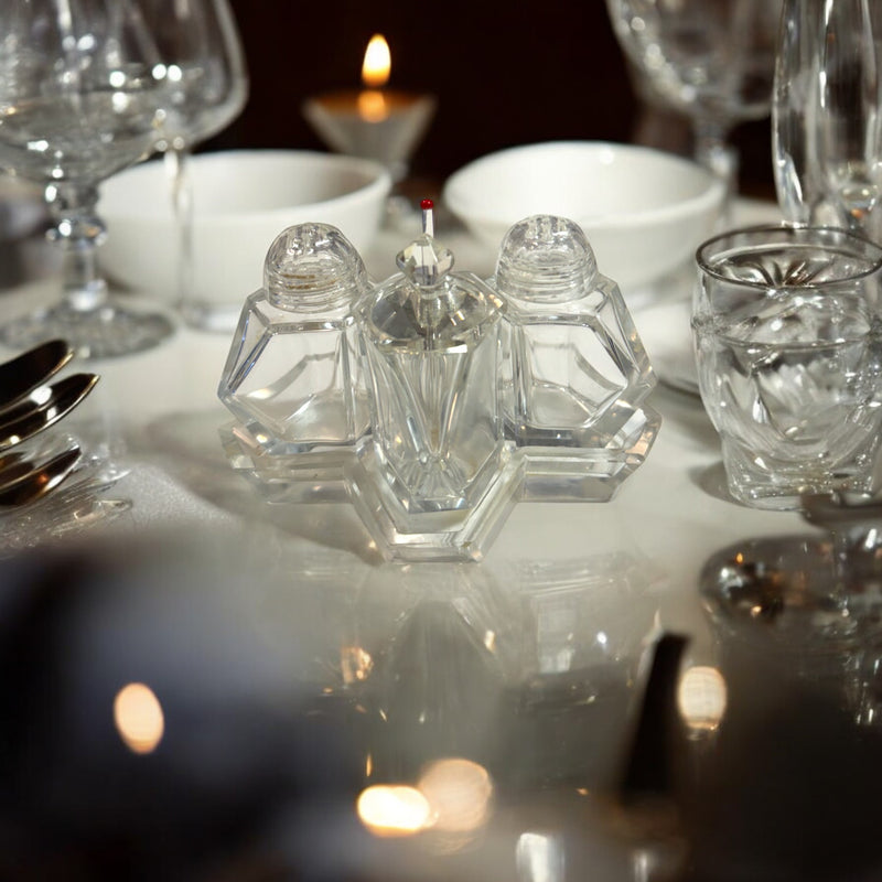 ART DECO CRYSTAL TABLE SET | PEPPER, SALT + MUSTARD