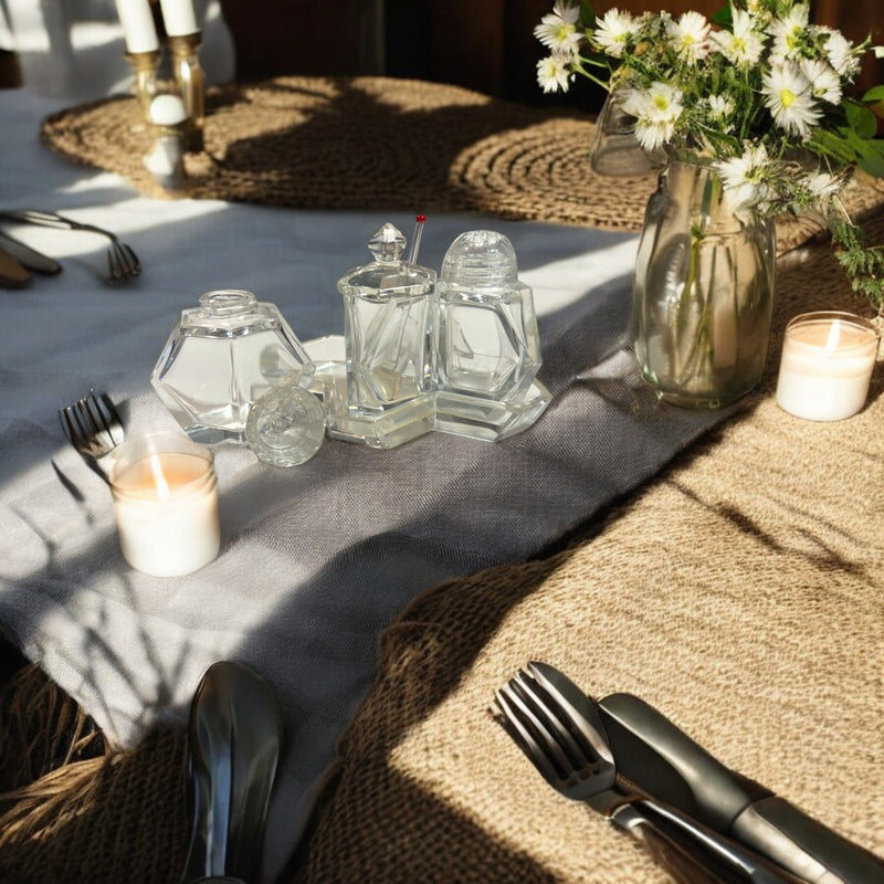 ART DECO CRYSTAL TABLE SET | PEPPER, SALT + MUSTARD